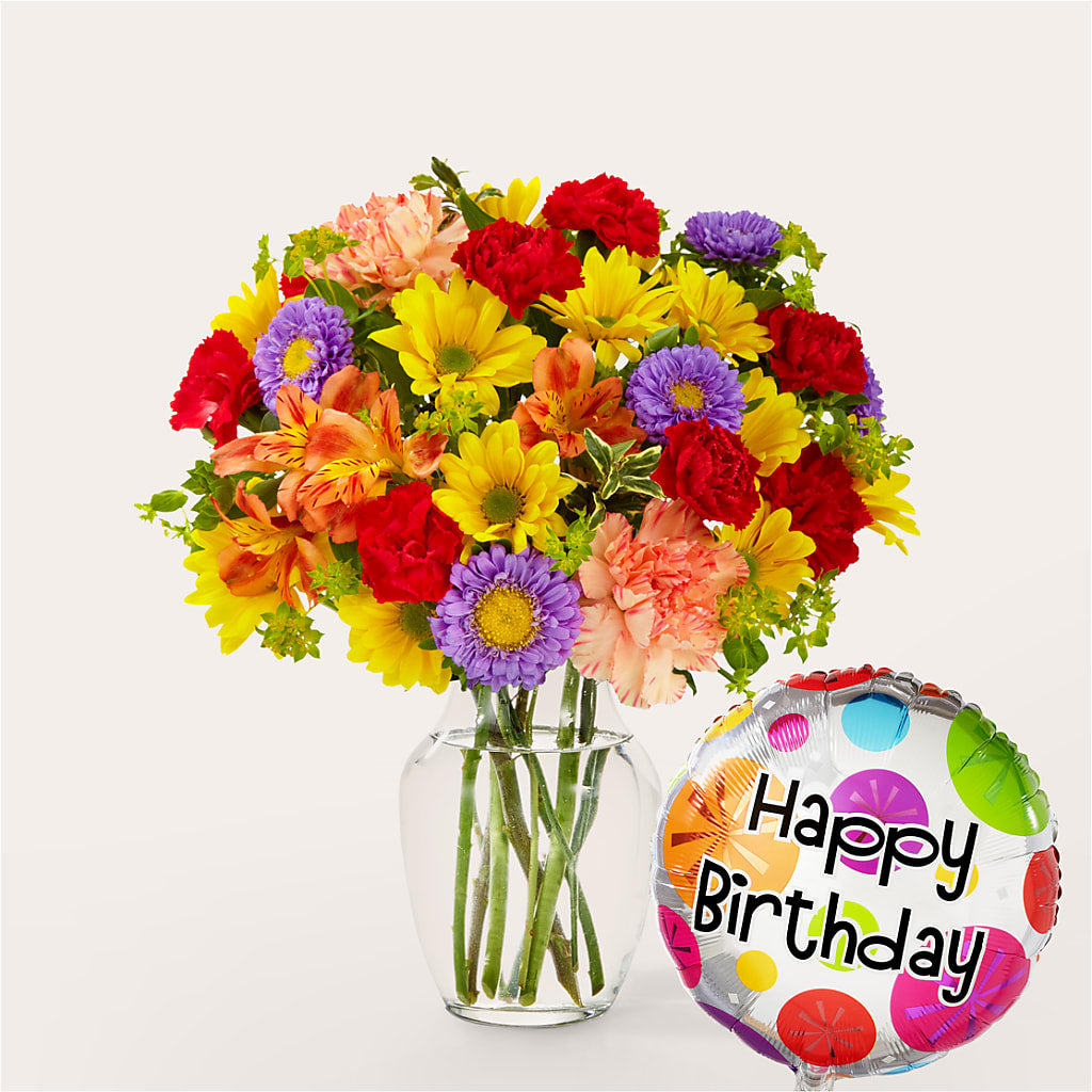 Kaleidoscope Bouquet with Birthday Balloon – Leekers Floral, Park City KS