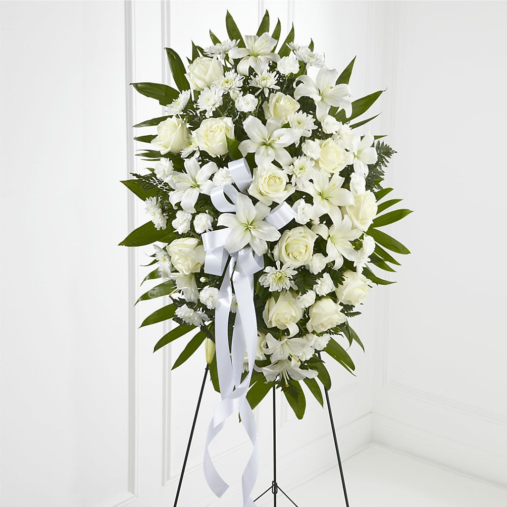 Exquisite Tribute Standing Spray-White Ribbon – Leekers Floral, Park City KS